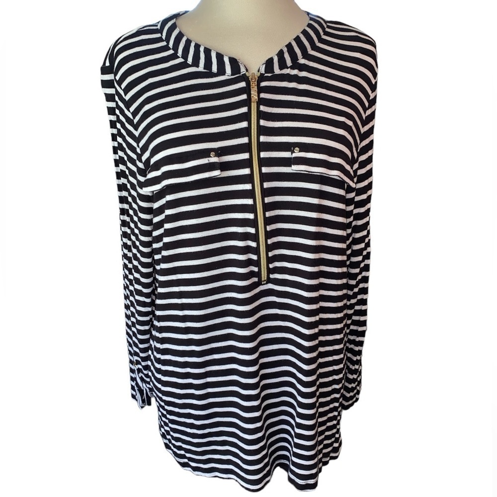 Onque Casuals blouse long sleeve 1/2 zip front stripes faux pockets Size X-Large